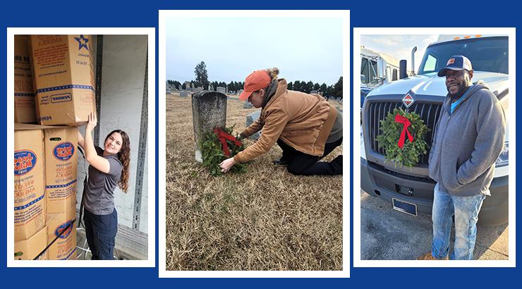 Three images of Delaware Tech students participating in Wreaths Across America. The left image shows Omar Lewis standing in front of a tractor trailer unit with a wreath on its grill. The middle image shows Lauren Burleson placing a wreath against a gravestone. The right image shows Nichole Scott loading large boxes of wreaths into the trailer of a tractor trailer.